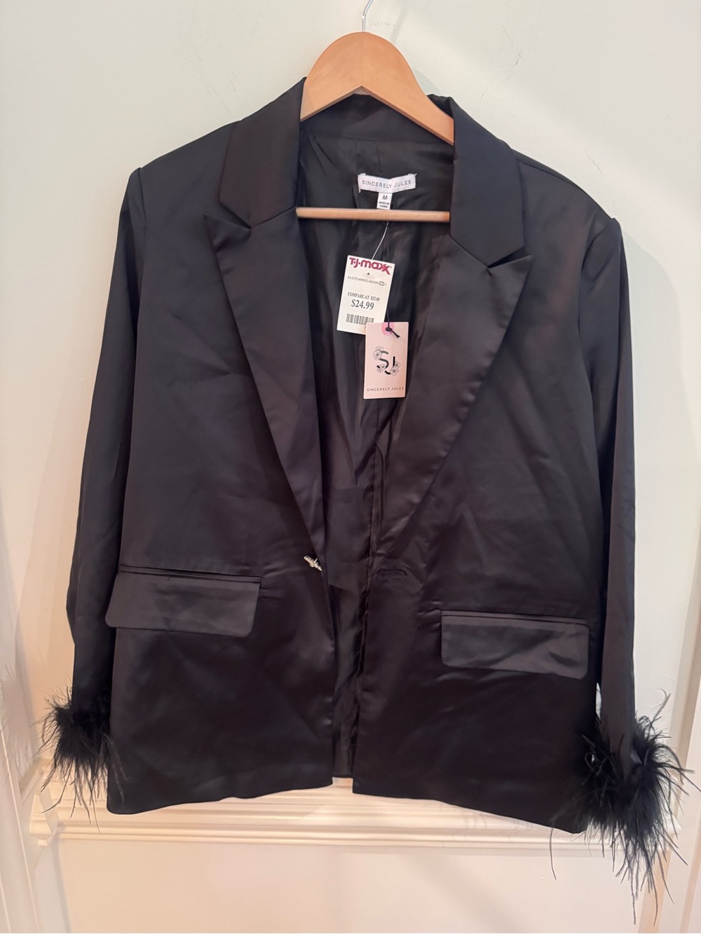 Sincerly Jules Black Satin Blazer with Feather Cuffs